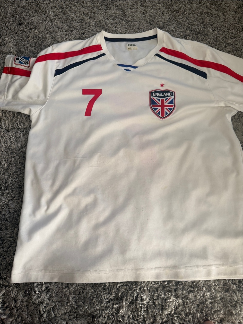 England Crest White Men's Soccer Jersey with Red Number 7